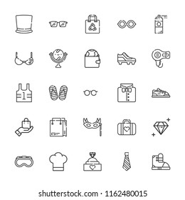 Collection of 25 fashion outline icons include icons such as hair dryer, mirror, shopping bag, diamond, shirt, boots, goggles, soccer shoe, sport shoe, uniform, purse, glasses