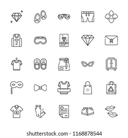 Collection of 25 fashion outline icons include icons such as suit, clothes, shirt, diamond, eye mask, paper bag, basketball jersey, goggles, sunglasses, shoes, glasses, kiss