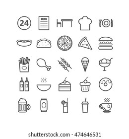 Collection of 25 fast food outline icons. Linear icons for web, print, mobile apps