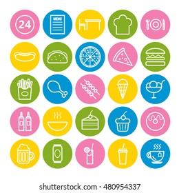 Collection of 25 fast food outline icons. Linear icons for web, print, mobile apps design