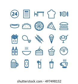 Collection of 25 fast food outline icons. Linear icons for web, print, mobile apps design