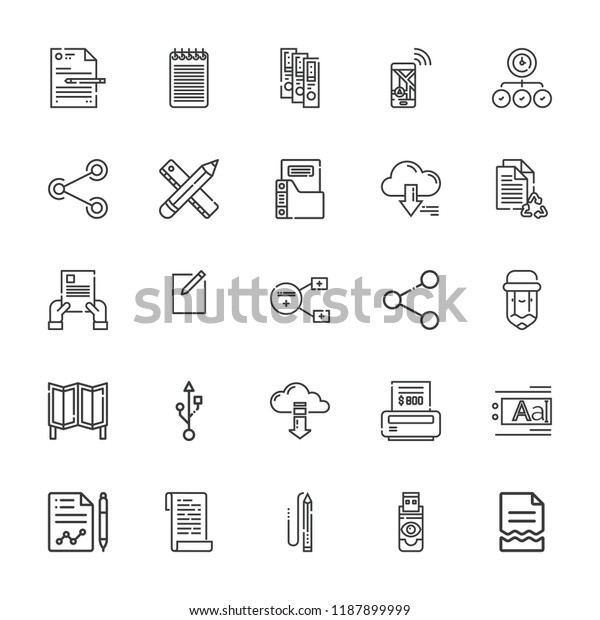 Collection of 25 file\
outline icons include icons such as contract, file, flash disk,\
share, new file, binder, notepad, sharing, usb, pencil, folder,\
text editor, server,\
bill