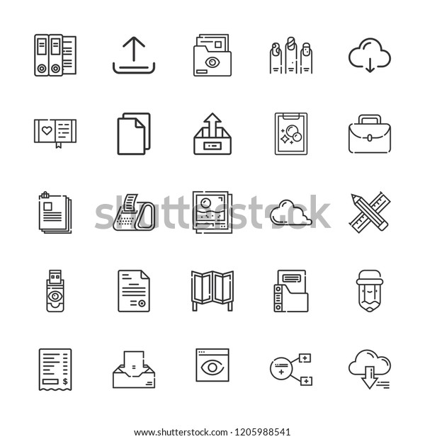 Collection of 25 file\
outline icons include icons such as binder, receipt, upload, cloud\
computing, file, document, files and folders, flash disk, browser\
visualization,\
diary