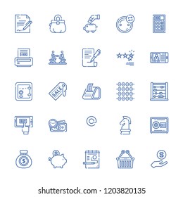 Collection of 25 finance outline icons include icons such as money bag, piggy bank, safebox, abacus, money, at, draw, exchange, rating, purse, bill, calculator, receipt