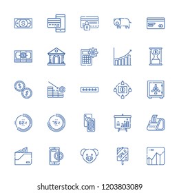 Collection of 25 financial outline icons include icons such as credit card, cards, ratings, calculator, safety box, growth, payment method, loss, dollar bill, bar chart, sale