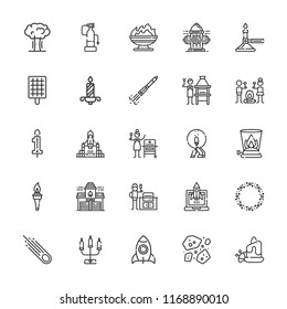 Collection of 25 flame outline icons include icons such as rocket launch, aromatic candle, burner, explosion, candle, rocket, candelabra, barbecue grill, asteroid, asteroids