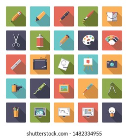 Colección de 25 iconos vectoriales planos y relacionados con el diseño en forma cuadrada con esquinas redondeadas