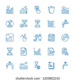 Collection of 25 flow outline icons include icons such as tap, crucible, file, hourglass, stats, line chart, wave, bar chart, heater, files, faucet