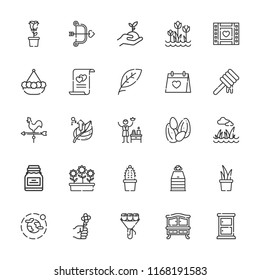 Collection of 25 flower outline icons include icons such as spa, flower, sprout, environment, cupid, leaf, sauna, chest of drawers, lawn, wedding video, tulips, honey, seeds