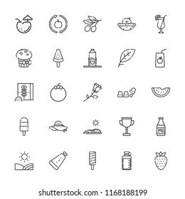 Collection of 25 fresh outline icons include icons such as tooth paste, juice, milk, cup, healthy food, mangosteen, watermelon, cocktail, popsicle, field, leaf, pamela