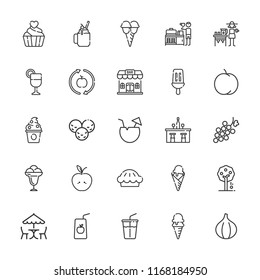 Collection of 25 fruit outline icons include icons such as fruit tree, breakfast, juice, ice cream, soft drink, healthy food, peach, fig, grape, coconut, apple, bar, popsicle