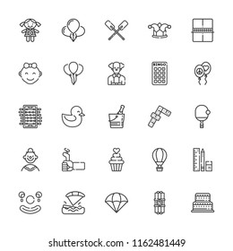 Collection of 25 fun outline icons include icons such as dominoes, bingo, foosball, doll, balloons, cake, champagne, clown, dynamite, hot air balloon, kitesurfing, parachute