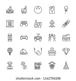 Collection of 25 fun outline icons include icons such as dices, disco, balloon, doll, joystick, kindergarten, skipping rope, gamepad, birthday card, champagne, clown, bowling