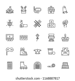 Collection of 25 fun outline icons include icons such as gambler, bingo, blocks, kindergarten, kite, balloons, birthday card, cake, eye mask, party blower, roller skate, ski