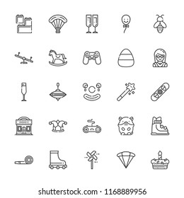 Collection of 25 fun outline icons include icons such as pinwheel, balloon, champagne glass, gamepad, girl, party blower, parachute, parachuting, roller skate, skiing