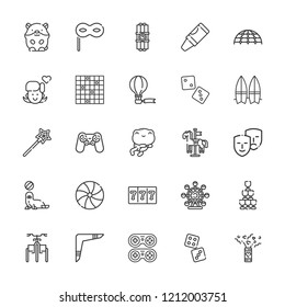 Collection of 25 fun outline icons include icons such as dices, gambler, boomerang, playground, eye mask, gamepad, dynamite, tricycle, girl, crayon, magic wand, candy, comedy