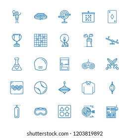 Collection of 25 game outline icons include icons such as tennis court, puzzle, tactics, baseball, goggles, golf, punching bag, swimming, augmented reality, controller, potion