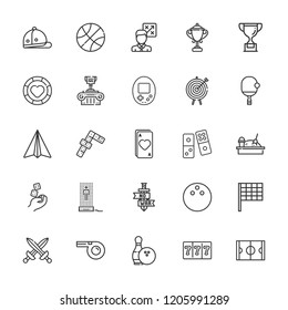 Collection of 25 game outline icons include icons such as ace, casino chip, dices, dominoes, gambler, paper airplane, sword, tactics, bowling, goal, hockey box, ping pong