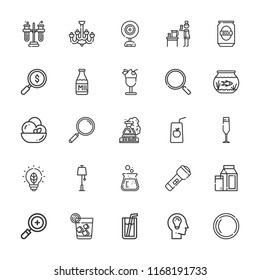 Collection of 25 glass outline icons include icons such as aquarium, lamp, juice, milk, petri dish, zoom in, light bulb, idea, search, loupe, webcam, tubes, vodka