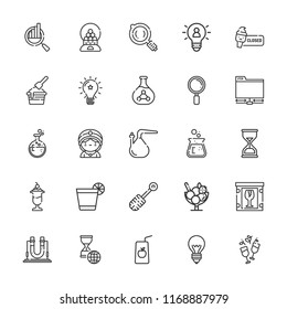 Collection of 25 glass outline icons include icons such as light bulb, juice, test tube, flask, idea, hourglass, loupe, search, glass, wine, ice cream, ftp, fragile, seer