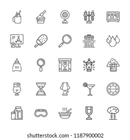 Collection of 25 glass outline icons include icons such as cocktail, lamp, microwave, chemistry, water, explosion, loupe, goggles, baby food, bottle, webcam, tubes, smoothie