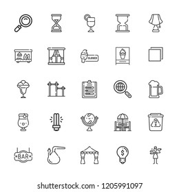 Collection of 25 glass outline icons include icons such as light bulb, cocktail, mirror, barista, lamp, waste, results, flask, search engine, loupe, ice cream, hourglass, idea