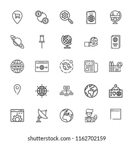 Collection of 25 global outline icons include icons such as exchange, networking, earth grid, ecologist, pin, newspaper, browser, earth globe, search engine, news
