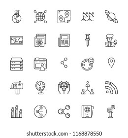 Collection of 25 global outline icons include icons such as browser, share, server, newspaper, planet earth, human resources, networking, connections, pin, route