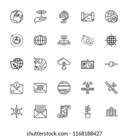 Collection of 25 globe outline icons include icons such as networking, email, earth grid, ecology, sprout, map, satellite, globe, university, earth, jupiter, planet