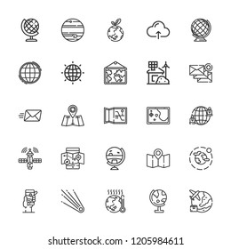 Collection of 25 globe outline icons include icons such as email, earth grid, eco house, earth globe, cloud computing, globe, environment, comet, jupiter, map, mobile map, gps