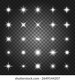Uma coleção de 25 efeitos de explosão estelar brilhante em um fundo transparente. Cada starburst é único, adicionando brilho e brilho aos designs. Perfeito para arte digital. Conjunto de elementos vetoriais de efeito de sobreposição.
