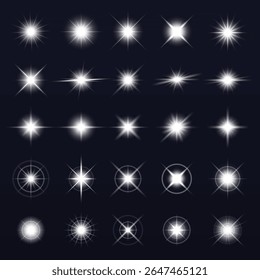 Uma coleção de 25 efeitos luminosos brilhantes de explosão estelar em um fundo escuro. Cada estrela varia em tamanho e intensidade, criando uma tela radiante e luminosa. Conjunto de elementos de vetor de efeito de sobreposição.