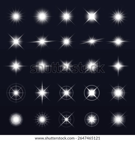 A collection of 25 glowing starburst light effects on a dark background. Each starburst varies in size and intensity, creating a radiant, luminous display. Overlay effect vector element set.