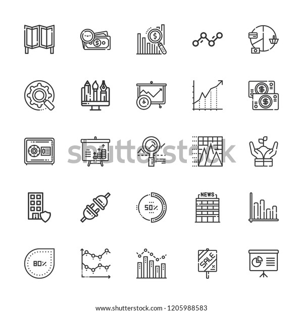 Collection of 25 graph\
outline icons include icons such as presentation, plug, office,\
line chart, optimization, growth, diagram, analytics, bar chart,\
percentage, sale,\
money