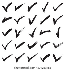 Collection of 25 hand painted check marks (ticks). Vector illustration