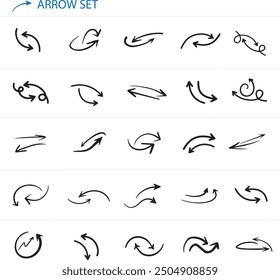 A collection of 25 hand-drawn arrow icons as a vector image. Each black color arrow is a distinct style, with variations in direction (up, down, left, right, diagonal), thickness, and curvature.