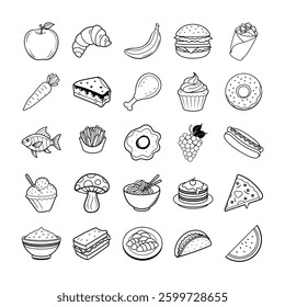 A collection of 25 hand-drawn food vector lineart icons featuring various meals, snacks, and fruits in outline style