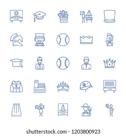 Collection of 25 hat outline icons include icons such as engineer, bathrobe, waiter, pastry chef, helmet, crown, baseball, mortarboard, top hat, vampire, german, trick