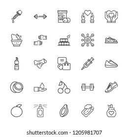 Collection of 25 health outline icons include icons such as soap, virus, syringe, medicine, save water, activity, dumbbell, shoe, sport shoe, papaya, orange, coconut, heart