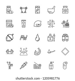 Collection of 25 health outline icons include icons such as liquid soap, syringe, dropper, mortar, medicine, weightlifting, loss, oxygen, medicines, lemon, spoon, hot stones