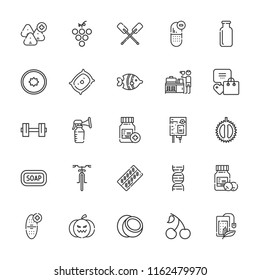 Collection of 25 healthy outline icons include icons such as breakfast, soap, pillow, dna, bottle, medicine, tea bag, activity, dumbbell, bike, breast pump, pumpkin, paddles