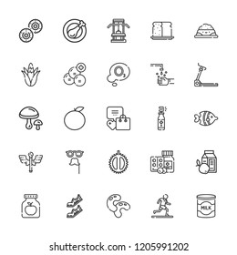 Collection of 25 healthy outline icons include icons such as medicine, activity, fruit, milk, fish, orange, chestnut, pet food, biscuit, ozone, bread, corn, beans, breakfast