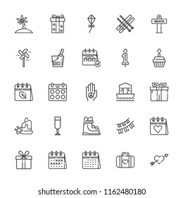 Collection of 25 holiday outline icons include icons such as calendar, pinwheel, aromatic candle, kite, palm, candle, champagne, cupcake, gift, ski, skiing, house boat