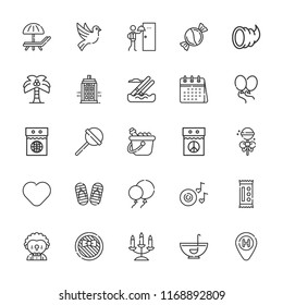 Collection of 25 holiday outline icons include icons such as heart, palm tree, ice bucket, room service, hotel, calendar, candy, punch bowl, water skiing, balloons, sunbed