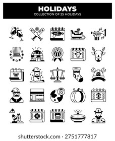 Collection of 25 Holidays. Icon Set for Festive Occasions