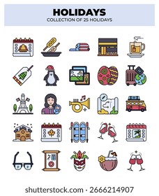 Colección de 25 Días festivos. Un conjunto vibrante de iconos de viaje