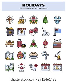 Collection of 25 Holidays. A vibrant set of holiday themed icons