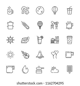 Collection of 25 hot outline icons include icons such as iron, hair dryer, breakfast, soft drink, hot air balloon, balloon, coffee cup, pan, mug, volcano, cloudy, cooking pots