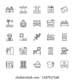 Collection of 25 hotel outline icons include icons such as building, gamble, bath towel, key card, double bed, bed, room service, office building, doorman, guests book, hotel