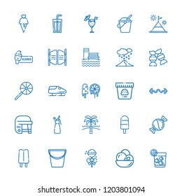 Collection of 25 ice outline icons include icons such as bucket, candy, soda, bobsleigh, hockey, cocktail, ice cream, vodka, popsicle, bar, whipped cream, lollipop, snowing